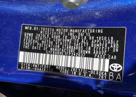 2015 Toyota Corolla S Plus из США, поврежденный, VIN 5YFBURHE1FP342637